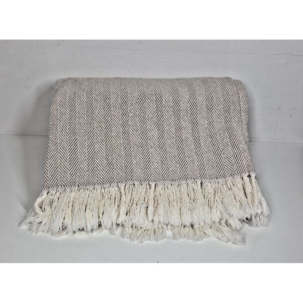 SFERRA Celine Herringbone Beige 100% Cotton Throw Blanket Quiet Luxury Portugal